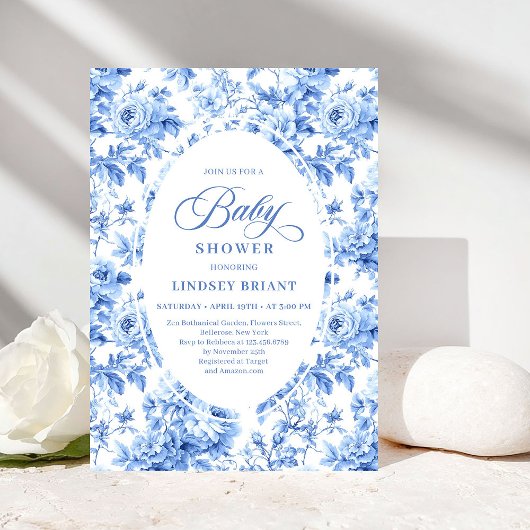Refined Royal Blue Toile de Jouy Floral Baby Showe Kaart