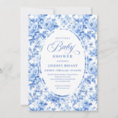 Refined Royal Blue Toile de Jouy Floral Baby Showe Kaart (Voorkant)