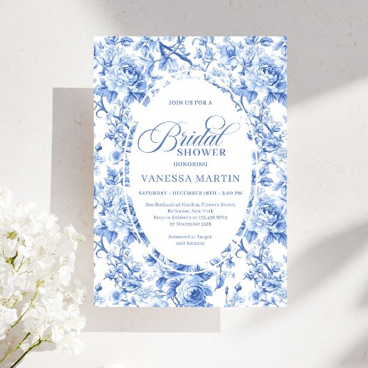 Refined Royal Blue Toile de Jouy Floral Bridal Kaart