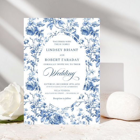 Refined Royal Blue Toile de Jouy Floral Wedding  Kaart