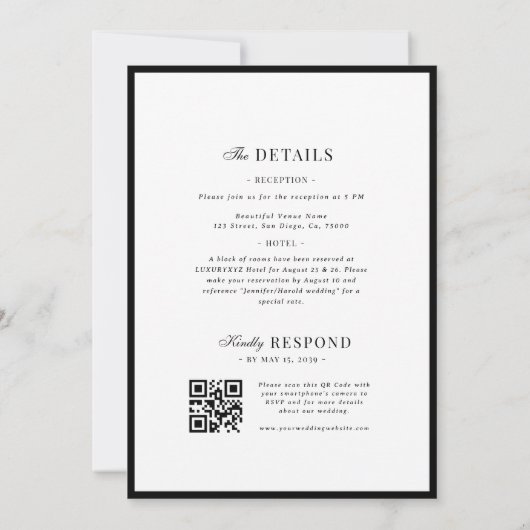 Refined Script Black White QR Code Details Wedding Kaart (Achterkant)