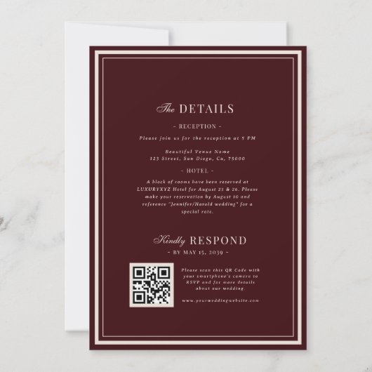 Refined Script Burgundy QR Code Details Wedding Kaart (Achterkant)