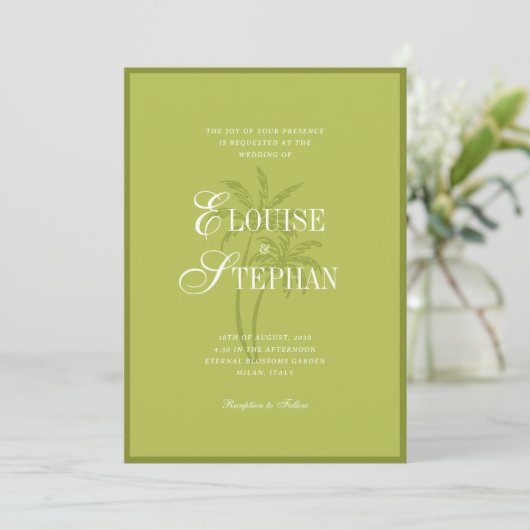 Refined Script Palm Tree Chartreuse Beach Wedding Kaart (Staand voorkant)