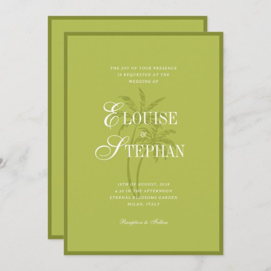 Refined Script Palm Tree Chartreuse Beach Wedding Kaart (Voorkant / Achterkant)