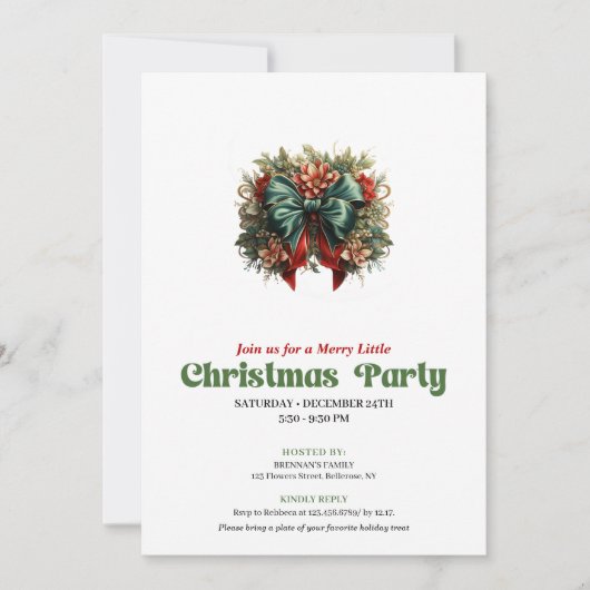 Refined Victorian Christmas bow party invite Kaart (Voorkant)