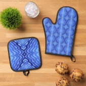 Reflecterende Blauwe Golven Moderne Abstracte Ontw Ovenwant & Pannenlap Set (Top down)