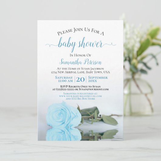 Reflecterende Blue Roos Elegant Baby Boy Shower Kaart (Staand voorkant)