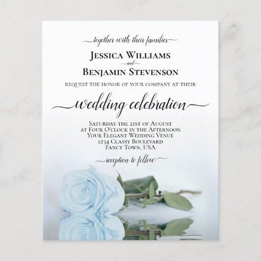 Reflecterende Dusty Blue Roos BUDGET Wedding Invit (Voorkant)