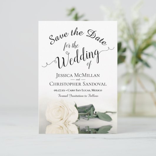 Reflecterende Ivoor Wit Rose Romantische Bruiloft Save The Date (Staand voorkant)