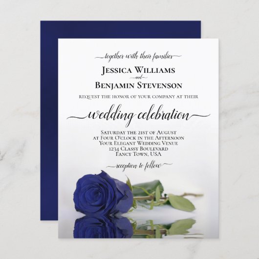 Reflecterende Navy Blue Roos BUDGET Wedding Invite (Voorkant / Achterkant)