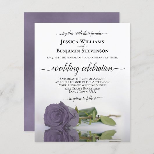Reflecterende Paarse Roos BUDGET Wedding Invite (Voorkant / Achterkant)