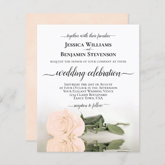 Reflecterende Peach Roos BUDGET Wedding Invitation (Voorkant / Achterkant)