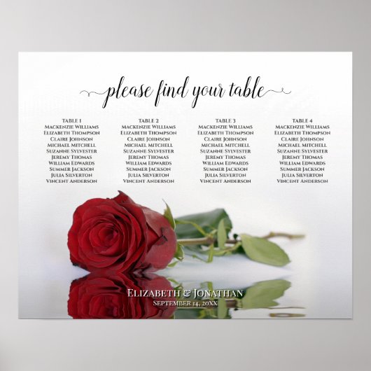 Reflecterende Red Rose 4 Table Wedding Seating Cha Poster (Voorkant)