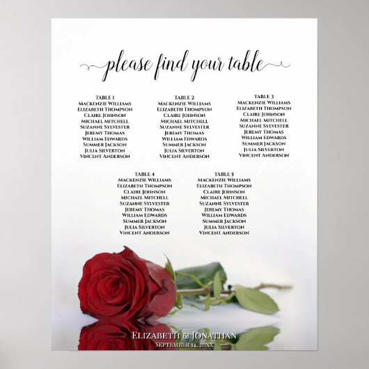 Reflecterende Red Rose 5 Table Wedding Seating Cha Poster (Voorkant)