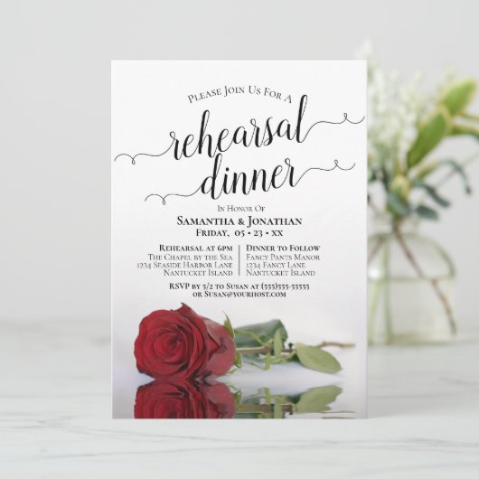 Reflecterende Red Rose bruiloft repetitie diner Kaart (Staand voorkant)