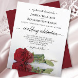 Reflecterende Red Rose BUDGET Wedding Invitation<br><div class="desc">Deze trouwuitnodiging is stijlvol, elegant en mooi, maar toch budgetvriendelijk en betaalbaar. Het is voorzien van een eenvoudig romantisch ontwerp met één rode roos met lange stembanden die reflecteert in een pool van water met golven en rimpels. De typografie omvat klasachtige manuscriptkalligrafie met gewassen, staarten, en bloeien. Een prachtige manier...</div>