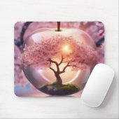 Reflecterende schoonheid: glazen appel met bloesem muismat (Met muis)