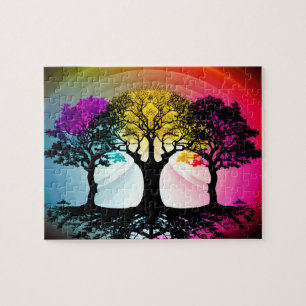 Reflecterende Silhouet Bomen met Pastel Achtergron Legpuzzel