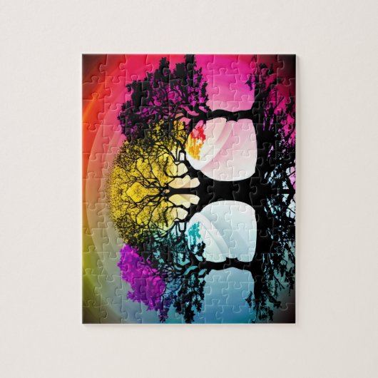 Reflecterende Silhouet Bomen met Pastel Achtergron Legpuzzel (Verticaal)