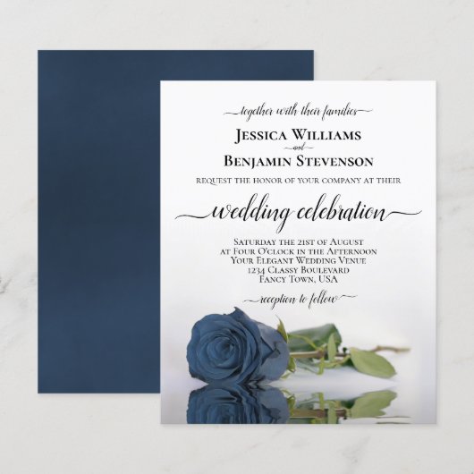 Reflecterende Steel Blue Roos BUDGET Wedding Invit (Voorkant / Achterkant)
