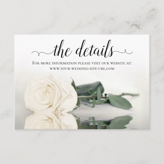 Reflecterende White Rose bruiloft details Website Informatiekaartje (Voorkant)