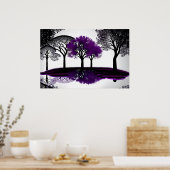 Reflecterende zwart-wit met levendige Paarse bomen Poster (Keuken)