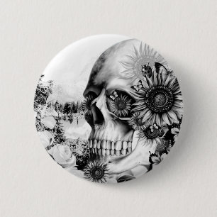 Reflectie. Florale landschapskull. Ronde Button 5,7 Cm
