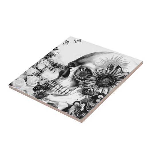 Reflectie. Florale landschapskull. Tegeltje (Zijkant)