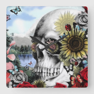 Reflectie, landschapskull. vierkante klok