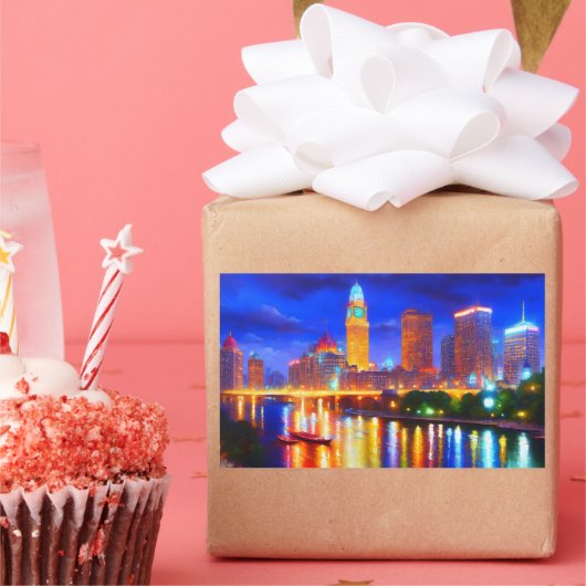 reflectie luxe kleurrijke brugstad neon rechthoekige sticker (Feest)