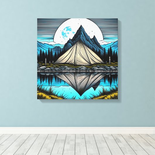 Reflectie van een tent op het meer in de bergen canvas afdruk (Insitu (Houten vloer))