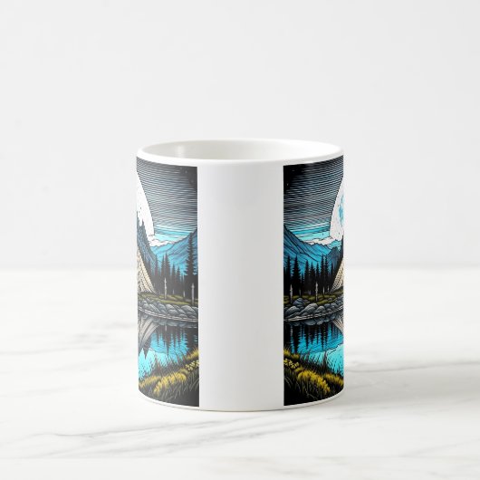 Reflectie van een tent op het meer in de bergen koffiemok (Center)