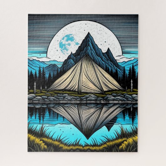 Reflectie van een tent op het meer in de bergen legpuzzel (Verticaal)