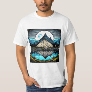 Reflectie van een tent op het meer in de bergen t-shirt