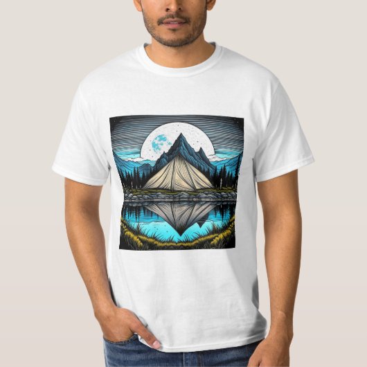 Reflectie van een tent op het meer in de bergen t-shirt (Voorkant)