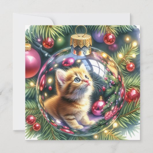 Reflectie van kitten in een kerstversiering kaart (Voorkant)