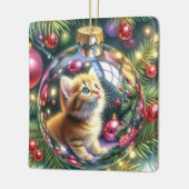 Reflectie van kitten in een kerstversiering keramisch ornament (Links)