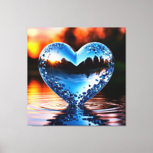Reflectief Blauw Hart in Water bij Zonsondergang  Canvas Afdruk