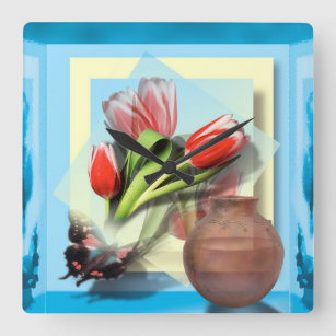 Reflecties met Tulpen en vlinder Vierkante Klok