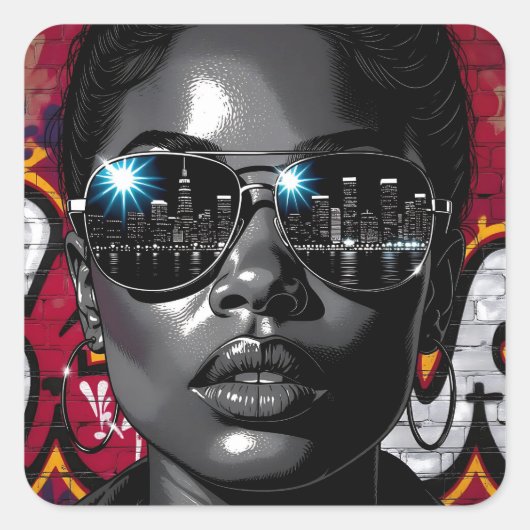Reflection in Sunglasses of the City Skyline Vierkante Sticker (Voorkant)