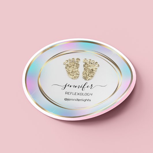 Reflexology Baby Feet Gold Holograph White Ronde Sticker