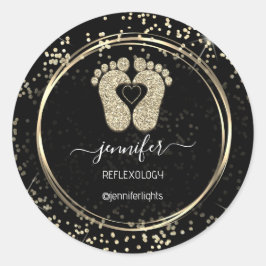 Reflexology Heart Feet Confetti Gold Glitter Black Ronde Sticker