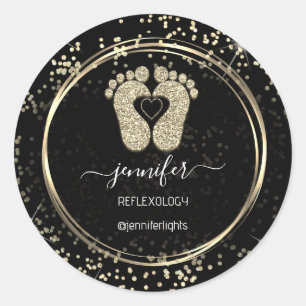 Reflexology Heart Feet Confetti Gold Glitter Black Ronde Sticker