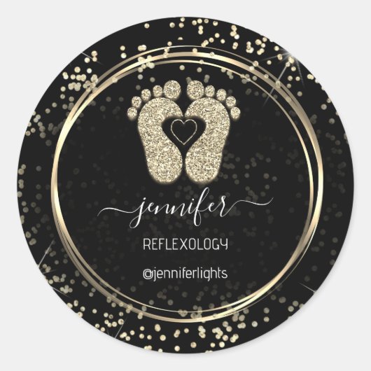 Reflexology Heart Feet Confetti Gold Glitter Black Ronde Sticker (Voorkant)