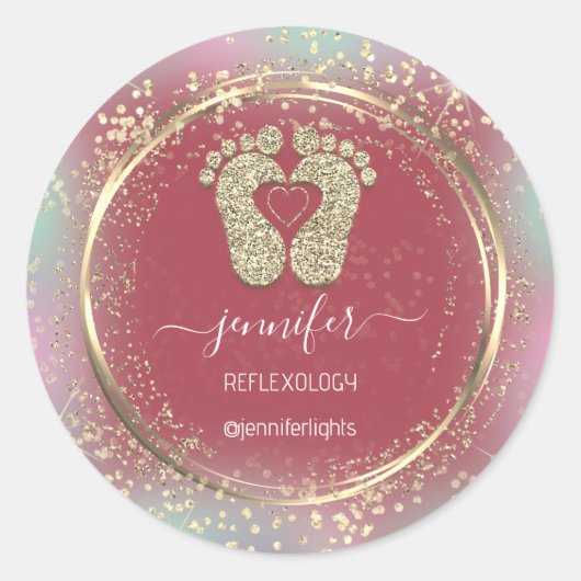 Reflexology Heart Feet Holograph Gold Glitter Ronde Sticker (Voorkant)