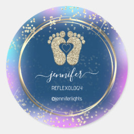 Reflexology Heart Feet Holograph Gold Lijst Blue Ronde Sticker