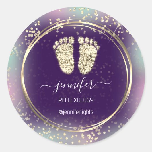 Reflexology Heart Feet Holograph Gold Lijst Paars Ronde Sticker (Voorkant)