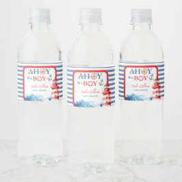 Refreshing Striped Blue Red Nautical Ahoy Boy Waterfles Etiket
