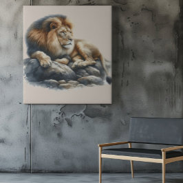 Regal African Lion Resting on a Rock - Waterverf Canvas Afdruk