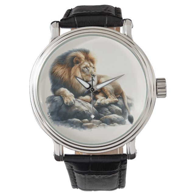 Regal African Lion Resting on a Rock - Waterverf Horloge (Voorkant)